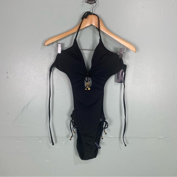 Ralph Lauren Blue Label‎ Black One Piece Bikini Swimsuit Embellished Tassel
